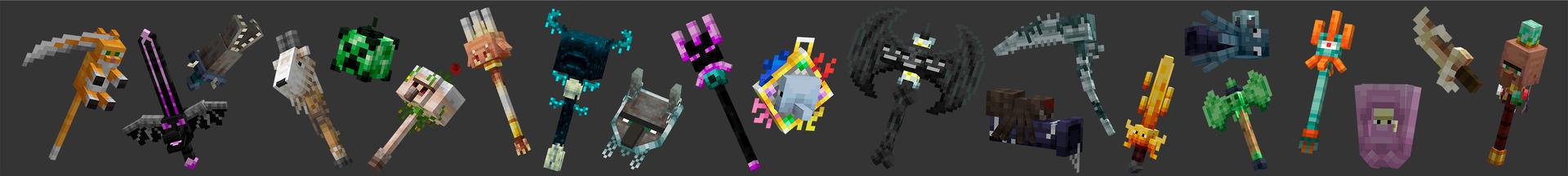 Panorama of the Minecraft Bedrock Marketplace product MOB WEAPONS CRAFTABLE created by Kreatik Studios.