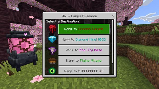 Screenshot of the Minecraft Bedrock Marketplace product Warp Lamps v1.2 Add-On created by Logdotzip.