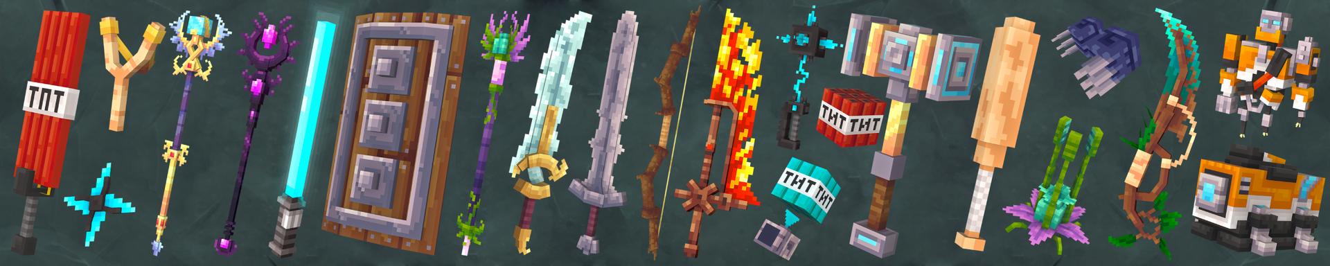 Panorama of the Minecraft Bedrock Marketplace product MORE WEAPONS created by Maca Designs.