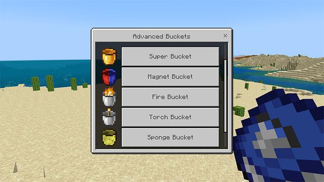 Screenshot of the Minecraft Bedrock Marketplace product Buckets+ Add-On created by MelonBP.