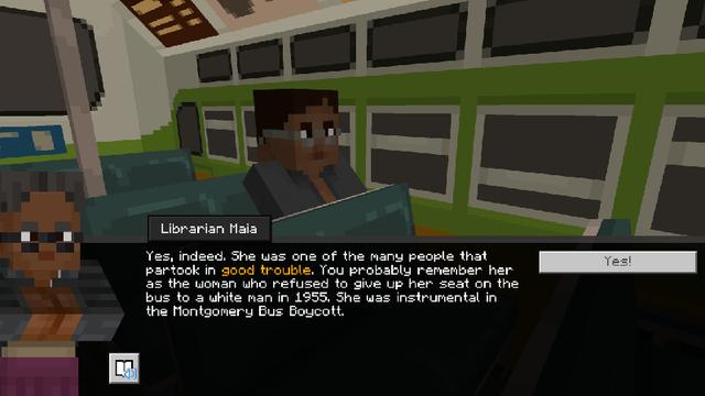 Screenshot of the Minecraft Bedrock Marketplace product Lessons in Good Trouble created by Minecraft.
