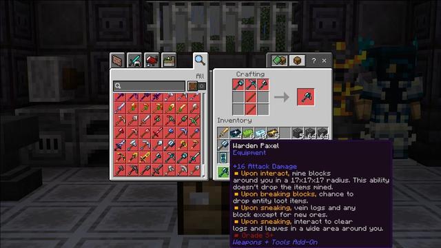 Screenshot of the Minecraft Bedrock Marketplace product Weapons + Tools Add-On created by Mythicus.