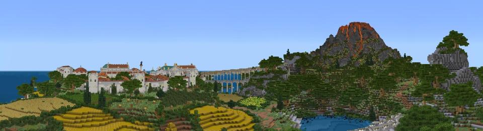 Panorama of the Minecraft Bedrock Marketplace product Volcano City created by Nitric Concepts.