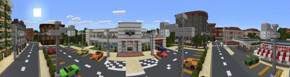 Panorama of the Minecraft Bedrock Marketplace product City Car Dealership created by Octovon.