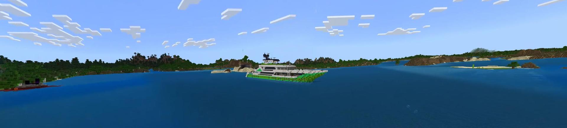 Panorama of the Minecraft Bedrock Marketplace product Emerald Boat created by Odyssey Builds.