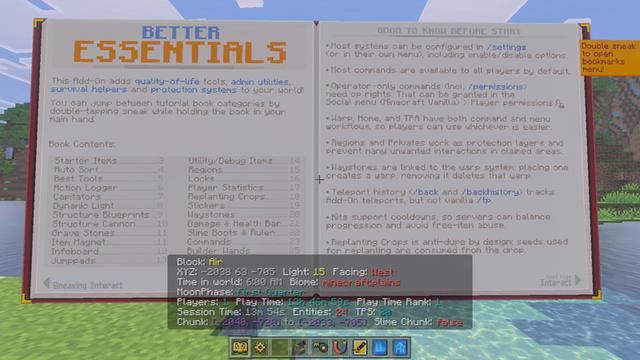 Screenshot of the Minecraft Bedrock Marketplace product Plenty Of Essentials Add-On created by Owls Cubed.