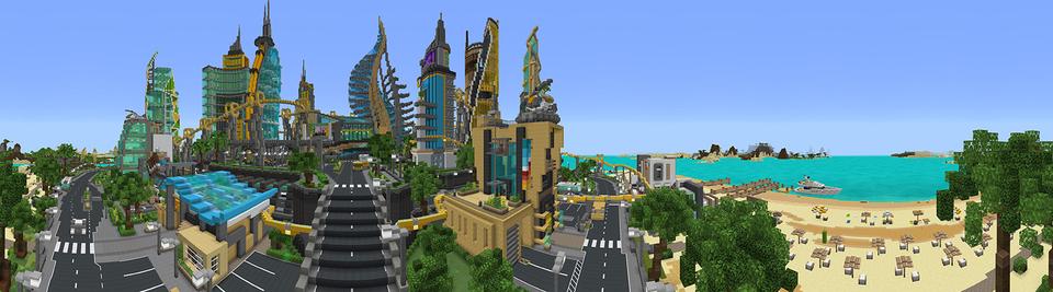 Panorama of the Minecraft Bedrock Marketplace product City Builder Mash-up created by Pathway Studios.
