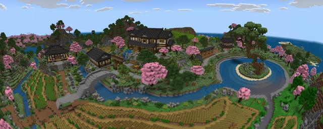 Panorama of the Minecraft Bedrock Marketplace product Sakura Land created by Pathway Studios.