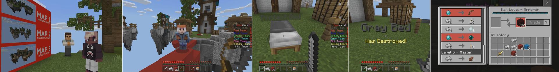 Panorama of the Minecraft Bedrock Marketplace product BED WARS+ created by Pickaxe Studios.