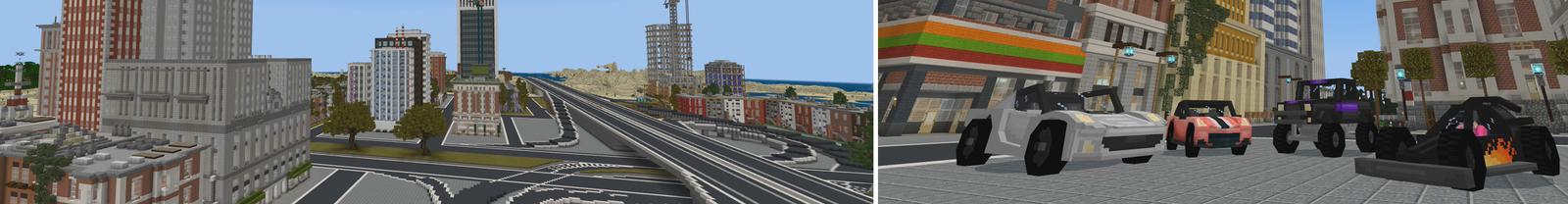 Panorama of the Minecraft Bedrock Marketplace product Cars City! created by Pickaxe Studios.