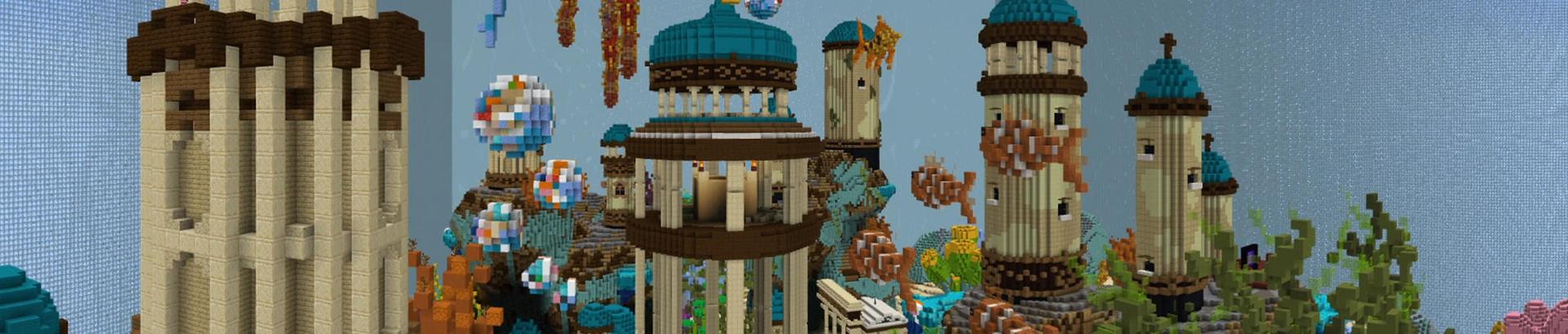 Panorama of the Minecraft Bedrock Marketplace product Giant Fish Tank Skyblock created by Pickaxe Studios.