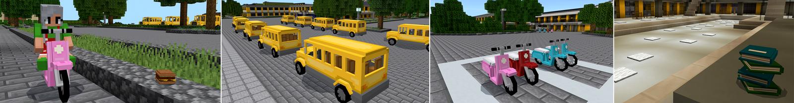 Panorama of the Minecraft Bedrock Marketplace product School Furniture! created by Pickaxe Studios.