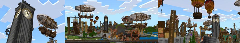 Panorama of the Minecraft Bedrock Marketplace product STEAMPUNK VILLAGE created by Pickaxe Studios.