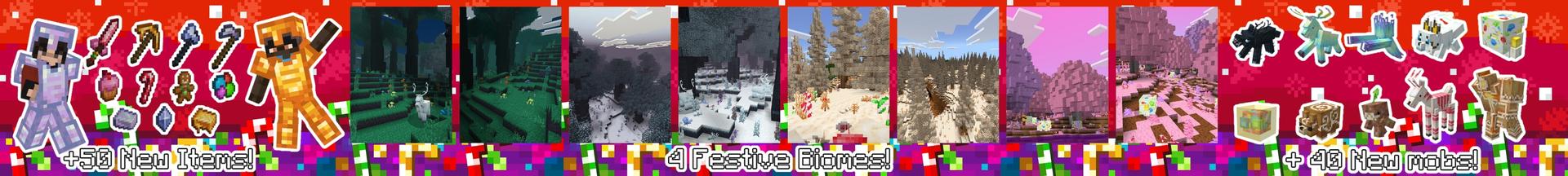 Panorama of the Minecraft Bedrock Marketplace product Festive Biomes Add-On created by Piki Studios.