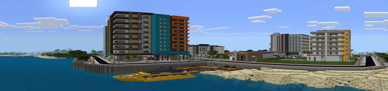 Panorama of the Minecraft Bedrock Marketplace product City Survival+ created by Pixel Smile Studios.