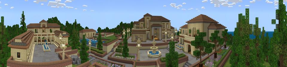 Panorama of the Minecraft Bedrock Marketplace product Italian Mansion created by Pixel Smile Studios.