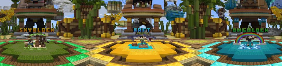 Panorama of the Minecraft Bedrock Marketplace product Three in One | SkyBlock, Raft, OneBlock created by Pixel Smile Studios.