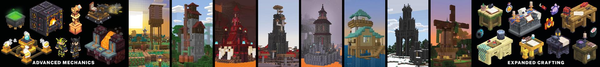 Panorama of the Minecraft Bedrock Marketplace product Structures & Stuff Add-On created by Pixelbiester.