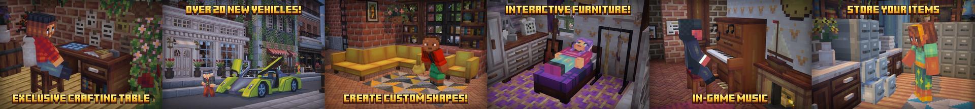 Panorama of the Minecraft Bedrock Marketplace product Furniture Life Add-On v2.0 created by PixelHeads.