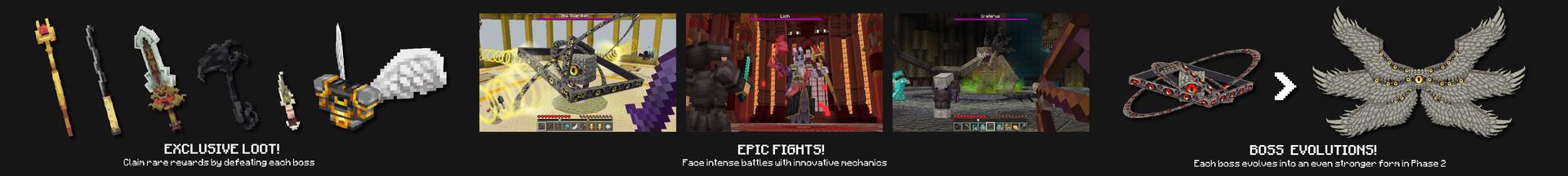 Panorama of the Minecraft Bedrock Marketplace product Colossal Bosses Add-on created by Pixell Studio.