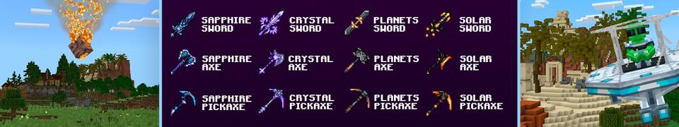 Panorama of the Minecraft Bedrock Marketplace product Spacial Ores and Weapons created by Pixell Studio.