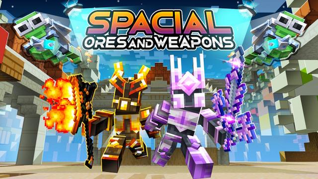 Thumbnail of the Minecraft Bedrock Marketplace product Spacial Ores and Weapons created by Pixell Studio.