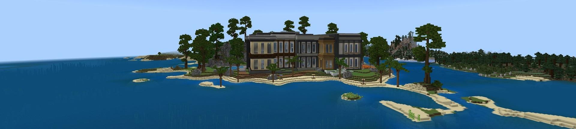 Panorama of the Minecraft Bedrock Marketplace product Island Hacker Mansion created by Rainbow Theory.