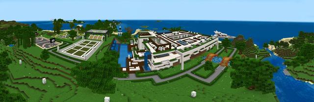 Panorama of the Minecraft Bedrock Marketplace product Modern Hillside Mansion created by Razzleberries.