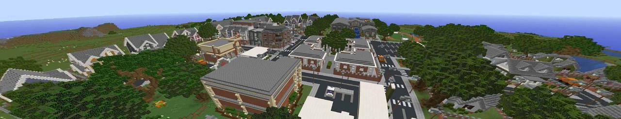 Panorama of the Minecraft Bedrock Marketplace product Modern Town and School created by Razzleberries.