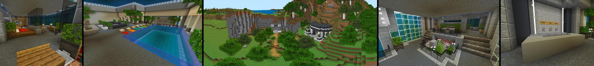 Panorama of the Minecraft Bedrock Marketplace product Noob vs Pro vs Hacker Base created by Razzleberries.