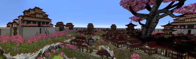 Panorama of the Minecraft Bedrock Marketplace product Sakura City created by Razzleberries.