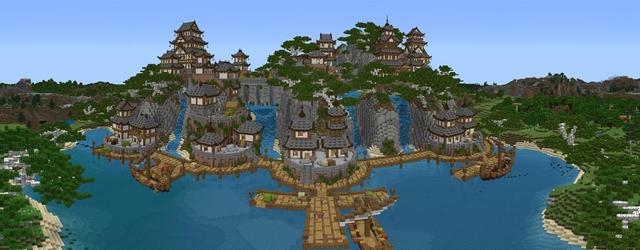 Panorama of the Minecraft Bedrock Marketplace product Simple Spawns Waterfall Palace created by Razzleberries.
