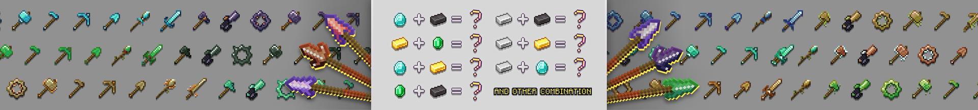 Panorama of the Minecraft Bedrock Marketplace product COMBINE ORES: Weapons + Tools Add-On created by Red Eagle Studios.