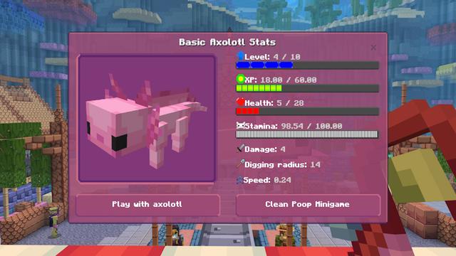 Screenshot of the Minecraft Bedrock Marketplace product Axolotl Pets created by SandBlock Studios.