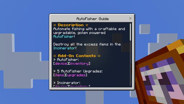 Screenshot of the Minecraft Bedrock Marketplace product AutoFisher created by Scai Quest.