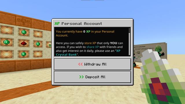 Screenshot of the Minecraft Bedrock Marketplace product XP Crystal Bank Add-On created by Scai Quest.