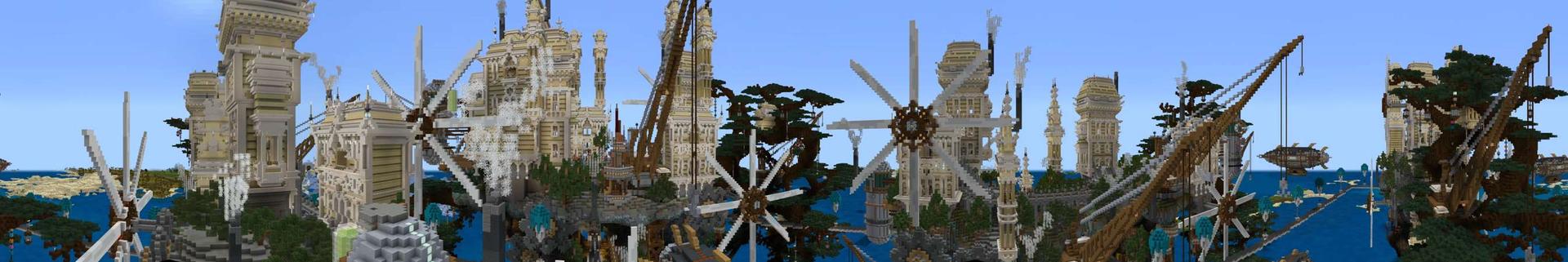 Panorama of the Minecraft Bedrock Marketplace product Steampunk City created by Shaliquinn's Schematics.