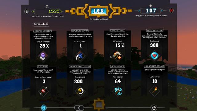 Screenshot of the Minecraft Bedrock Marketplace product Levels Matter - Stats + Skills Add-On created by Shapescape.