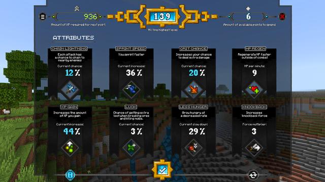Screenshot of the Minecraft Bedrock Marketplace product Levels Matter - Stats + Skills Add-On created by Shapescape.