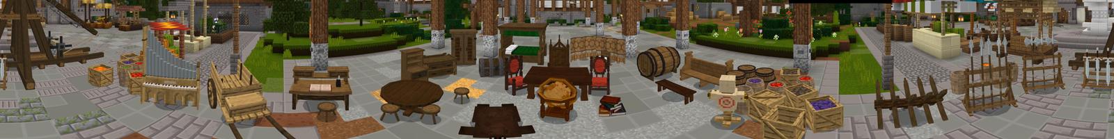Panorama of the Minecraft Bedrock Marketplace product Medieval Furniture created by Shapescape.
