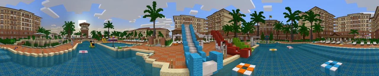 Panorama of the Minecraft Bedrock Marketplace product Resort created by Shapescape.