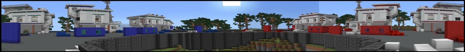 Panorama of the Minecraft Bedrock Marketplace product Red vs Blue: Hacker bases created by Snail Studios.