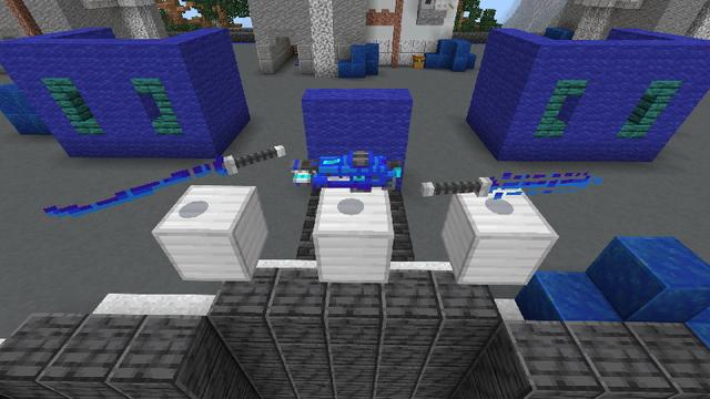 Screenshot of the Minecraft Bedrock Marketplace product Red vs Blue: Hacker bases created by Snail Studios.