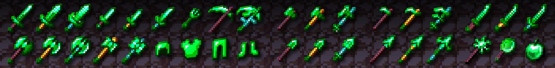 Panorama of the Minecraft Bedrock Marketplace product Emerald Weapons created by SNDBX.