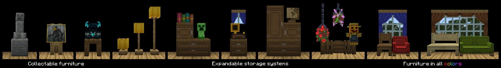 Panorama of the Minecraft Bedrock Marketplace product Block Furniture Add-On created by Solid Blocks.