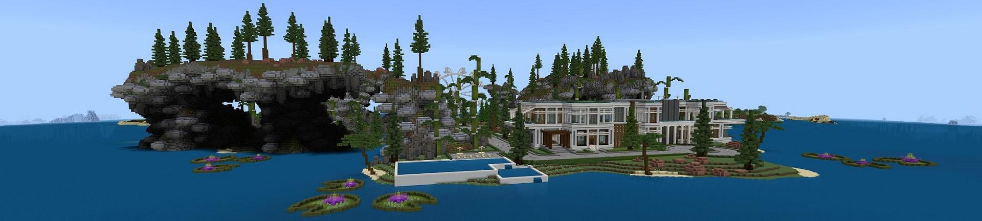 Panorama of the Minecraft Bedrock Marketplace product Island Party Mansion created by Street Studios.