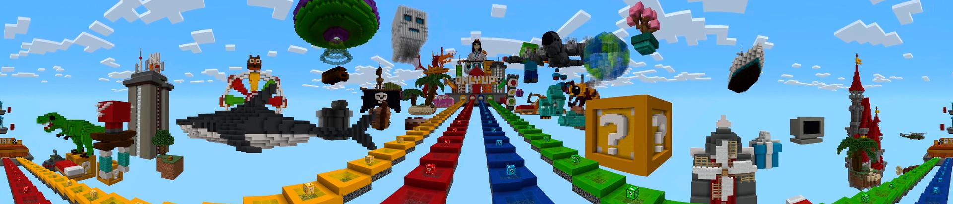 Panorama of the Minecraft Bedrock Marketplace product ONLY UP! Lucky Block created by Team VoidFeather.