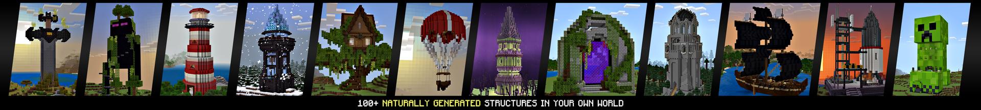 Panorama of the Minecraft Bedrock Marketplace product 100+ Structures Add-On created by The Craft Stars.