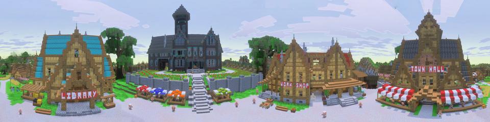 Panorama of the Minecraft Bedrock Marketplace product OP Traders Expansion created by The Craft Stars.