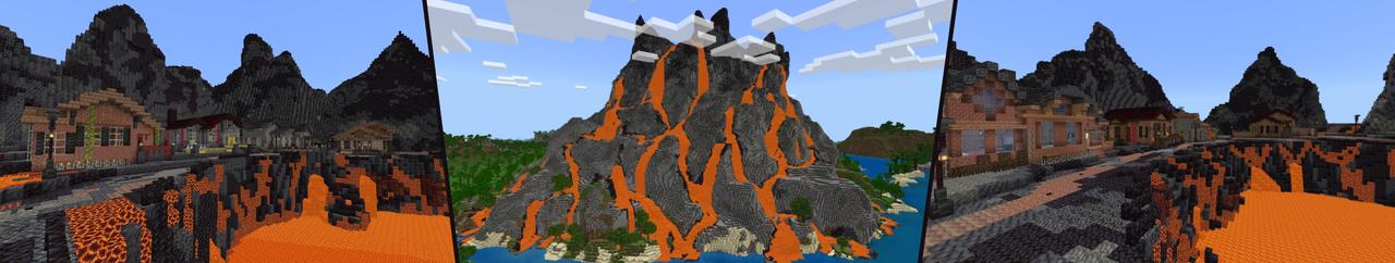 Panorama of the Minecraft Bedrock Marketplace product Volcano Village created by The Lucky Petals.